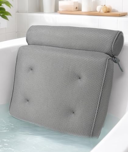 Everlasting Comfort Luxury Bath Pillow for Tub – Quick-Dry 4D Mesh – Gray | Head/Neck/Back Support, Non-Slip Suction Cups, Machine Washable, Drying Hook, Bath/Spa/Jacuzzi Essentials - color: Gray, size: Standard