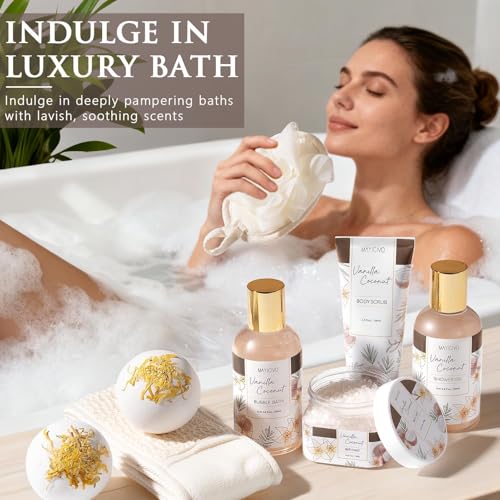 Mothers Day Birthday Gifts for Women, Vanilla Coconut Relaxing Spa Gift Baskets for Women Self Care Package Bath Gift Set, Home Bath and Body Kit Pampering Gifts for Womens Her Mom Friends Sister Wife - color: Brown-Vanilla Coconut