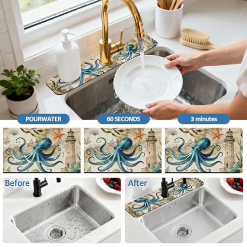 2 Pcs Kitchen Sink Splash Guard Faucet Mat Retro Ocean Octopus Pattern Faucet Mat for Sinks Flower Absorbing Drying Mats for Kitchen Bathroom - color: Ocean Octopus