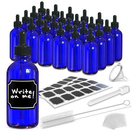 Nevlers 4 Oz Cobalt Blue Glass Dropper Bottle 24 Pack Set | Tincture Bottles with Droppers for Liquids | Glass Eye Dropper Bottle w/ Shrink Wrap, Funnel, Brush, Marker & Labels - color: Blue
