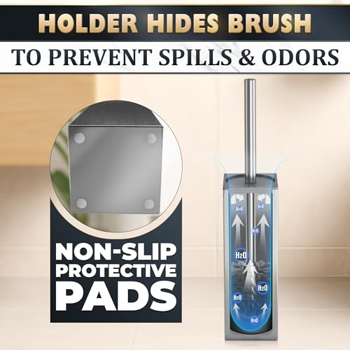 Silver Toilet Brush and Holder Set Stainless Steel – Square Design Toilet Bowl Brush and Holder, Rust, Corrosion & Scratch Resistant with Splash Protection, for Efficient Cleaning and Neat Storage - color: Silver Square