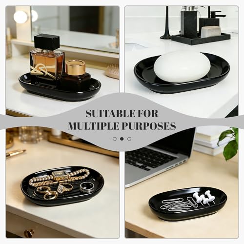 Black Soap Dish for Bathroom & Kitchen Sink – Ceramic Raised Center Keeps Soap Dry & Easy Clean, Heavy Base Stays Put on Wet Surfaces; Also Holds Soap Bars, Sponges, Jewelry, Keys & Small Items - color: Black