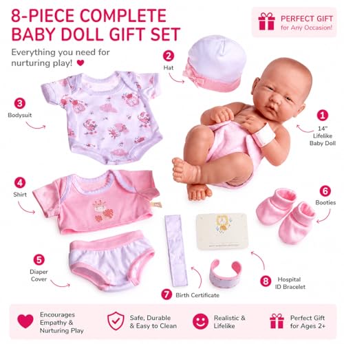 8 piece Layette Baby Doll Gift Set | JC Toys - La Newborn Nursery | 14" Life-Like Doll w/ Accessories | Pink | Ages 2+ - color: Pink