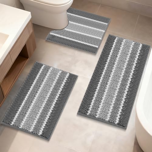 ArtyCozy Chenille Bathroom Rugs 3 Pieces, Extra Thick Absorbent Non Slip Bath Mats with U-Shaped Toilet Rug, Soft Plush Bath Floor Mat Machine Washable, Grey, 17"x24" Plus 20"x32" Plus 20"x24" - color: Grey, size: 17" × 24" + 20" × 32" + 20" × 24"