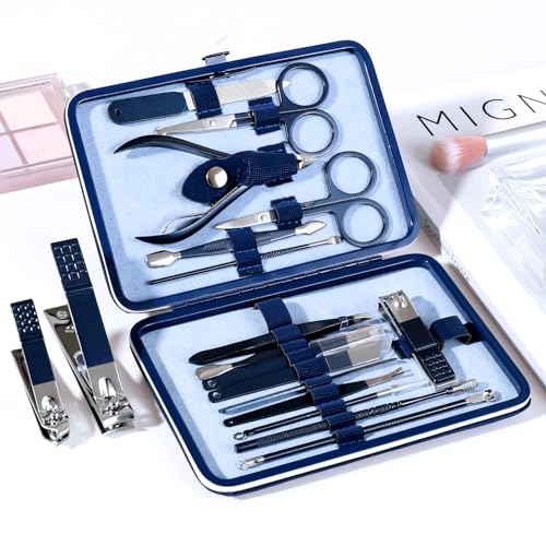 Manicure Set Pedicure Kit Nail Clippers Set Fingernail Clipper Set Ingrown Toenail Nail Kit Scissor Nail Trimmer Kit 18 Pieces Women and Men’s Care Grooming Tools with Fine Case (Dark Blue_18 Pieces) - color: Dark Blue_18 Pieces