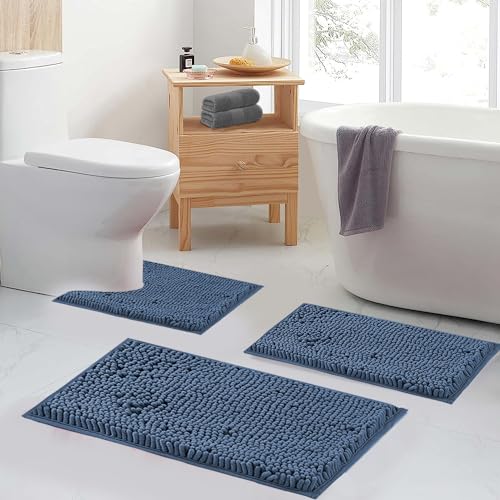 Blue Bathroom Rugs Chenille Bath Mats Set 2 Piece Extra Soft and Absorbent Shaggy Rugs, Machine Wash and Dry, Perfect Plush Bath Mats for Tub, Shower, Bathroom Decor, Washable Carpets Set - color: Light Blue, size: 32"L x 20"W + 24"L x 16"W