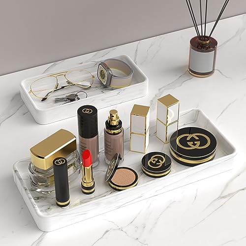 Gurygo 12" Ceramic Bathroom Vanity Tray for Kitchen Counter - Kitchen Soap Trays - Rectangular Vanity Tray for Bathroom - Porcelain Large Serving Trays (Marble, Set/1) - color: Marble White, size: 12" x 5" x 1.1"