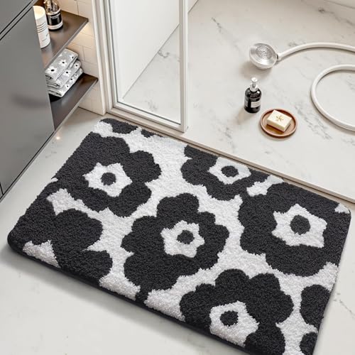 LUMI Bathroom Rugs Cute Floral Design, Soft Absorbent Microfiber Bath Mat Non-Slip, Machine Washable Quick Dry Luxury Rug Flower Black and White for Floor, Bathtub, Home Decor, 24"x43" - color: D-black Flower, size: 24"x43"