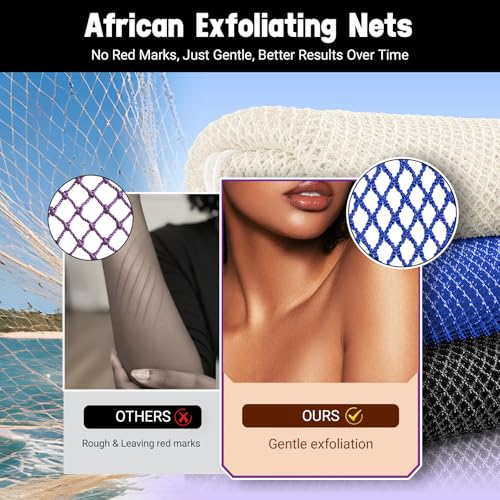 African Net Sponge Authentic 3 Pieces Gentle Exfoliating Body Scrubber Bath Sponges for All Skin Types, African Exfoliating Net Sponge with Handles Washcloth Loofah Bathing Accessories for Shower - style: Black, White, Blue