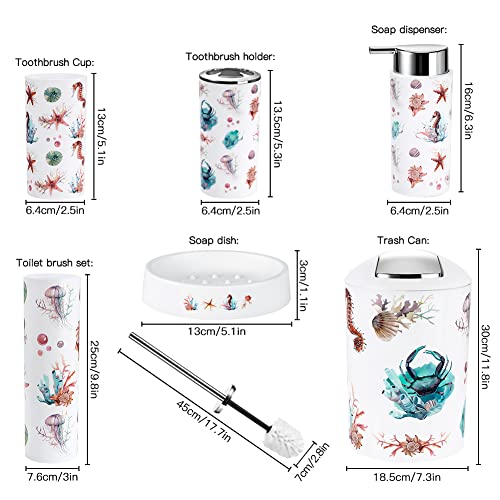 OTOSTAR 6 Piece Bathroom Accessories Set Plastic Bathroom Set Includes Toothbrush Holder Soap Dispenser Tumbler Soap Dish Toilet Brush Holder Trash Can Bath Accessories for Decor Countertop (Seahorse) - style: C-Seahorse