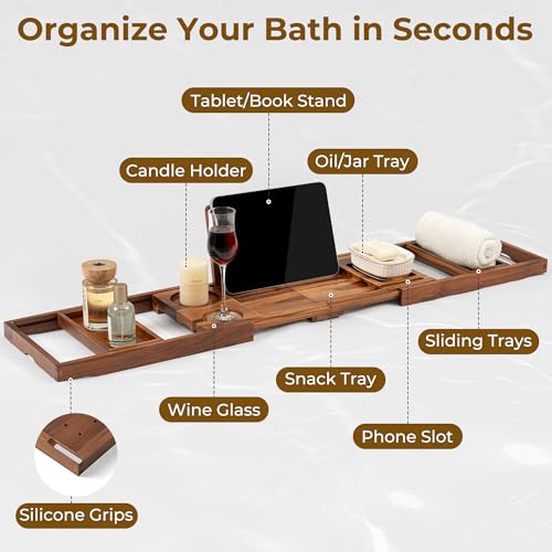 Venusmiles Teak Bathtub Tray Caddy, Foldable Bath Tray with Expandable Handles, Wine Glass and Phone Holders, Book Stand, for Home Spa Relaxation, Luxury Bathroom Accessories - Light Walnut Color - color: Light Walnut