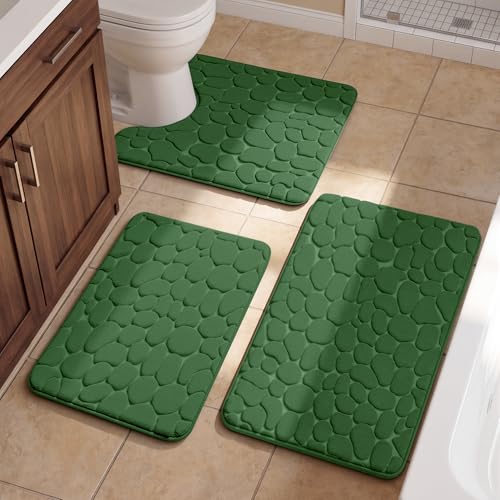 YIHOUSE Bathroom Rugs Mat Set, Memory Foam Bath Mat 3 Piece Green | U Shape+Small Mat, Non Slip, Water Absorbent, Washable, Bath Mat For Bathroom, Sink and Toilet - color: Grass Green, size: 2'8" x 1'8" (Rectangular)