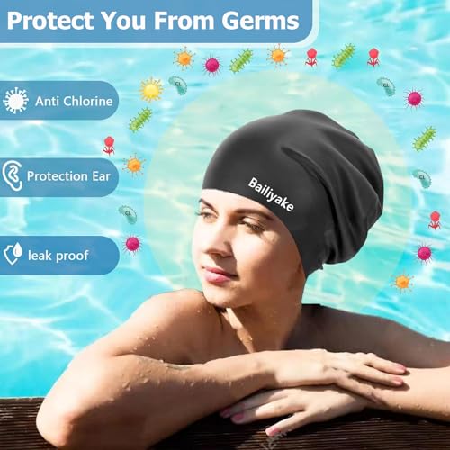 3 Pack Extra Large Swim Cap for Braids & Dreadlocks - Waterproof Silicone Swim Hat for Women with Long Thick Hair, Protective Swim Cap Cover Ears for Swimming, Shower, Bathing - color: Black+Pink+White