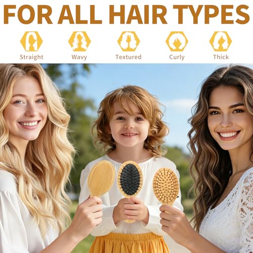 Mini Bamboo Hair Brush 2-Pack, Boar Bristle & Single Pins Massage Detangler, Small Travel Size for Thick/Curly Hair, Anti-Static Pocket Brush for Women Men Kids Gift