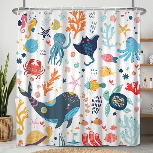 Fabric Shower Curtain with Hooks, Waterproof & Washable Polyester, Kids Funny Cute Ocean Whale Fish Shower Curtains for Bathroom, Summer Neutral Cartoon Animal Bathroom Curtain, 71x74 Inch - color: Cute Ocean Friends