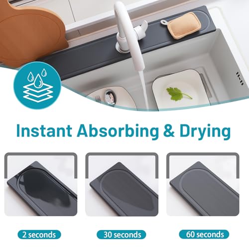 Faucet Mat for Kitchen Sink with Raised Feet, Fast Drying Diatomite Stone Sink Tray, Water Absorbent Faucet & Sink Splash Guard, Prevents Moisture Buildup, Durable Protector for Bathroom Counter - color: Dark Gray Style 2, size: 23.7" x 4"