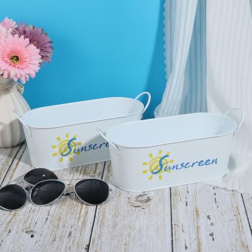 2 Pack Metal Sunscreen Pool Storage Bucket Poolside Basket Box with Handle Above Ground Pool Bin for Swimming Camping Beach Indoor Outdoor Sunscreen Sunblock Sunglasses Accessories(White)