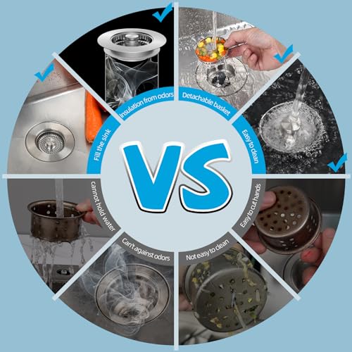 Hibbent All Metal Stainless Steel 3 in 1 Kitchen Sink Drain Strainer, Upgraded Anti-Rust Sink Stop Combo, Anti-Clogging Stainless Steel Basket Strainer with Metal Handle for US Standard 3-1/2" Drain
