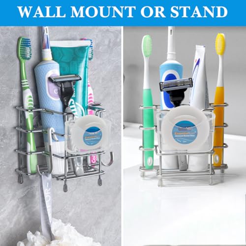Linkidea Self Adhesive Toothbrush Holder for Shower, Stainless Steel Toothpaste Organizer, 3 Slots Wall Mount/Countertop Stand Compatible with Colgate Extra Clean, Oral-B CrossAction - color: Silver