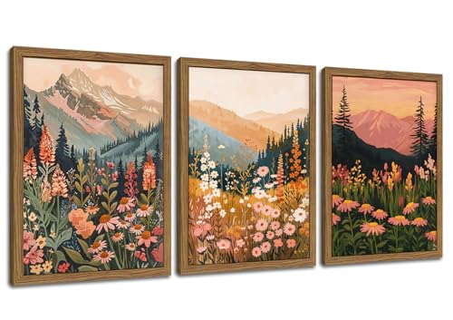 Boho Colorful Landscape wall art Wildflower Mountain Wall Decor Vintage Floral Forest Paintings Rustic Nature Pictures Canvas Prints for Living Room Bedroom Dining Room 16x24 Inch Wood Framed - color: Colourful, size: 16x24Inch Framed