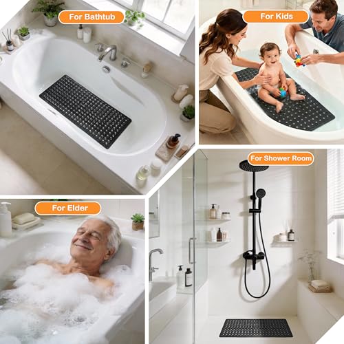 Yimobra Bathtub Mat Non Slip, 34.5"X15.5" Long Shower Mat for Inside Shower, Machine Washable Bath Mat with Drain Holes & Strong Suction Cups, Soft on Feet, Bathroom Essentials, Black - color: Black, size: 34.5 X 15.5 Inch