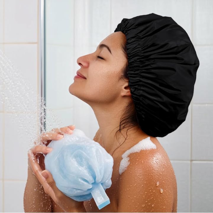 Reusable Shower Cap for Women, Large Waterproof Shower Bonnet Washable Elastic Band Bath Accessories Hair Hat for Long Hair, Braids(Black) | Washable Design, Wide Elastic Band, Large Fit, Holds Long Hair, Braids Friendly, Bath Accessories, Spa, Travel - c