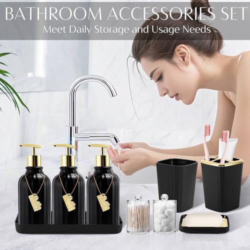 17PCS Bathroom Accessories Bathroom Set Black Bathroom Accessories,Toilet Brush, Trash Can, Qtip Holder Dispenser& 3PCS Soap Dispenser - size: Bath Set with Swing-Top Trash Can, style: Black
