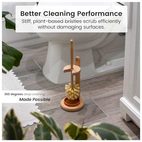 ELDR Supply Toilet Bowl Cleaner Brush with Holder, 14 Inch Extra Long German Beechwood Handle, Strong Hemp Bristles, Ceramic Drip Tray, Biodegradable
