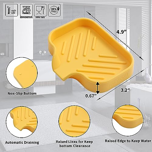 MicoYang Silicone Soap Dish with Drain Spout, Self-Draining Sink Organizer Tray for Bathroom and Kitchen, Sponges, Dispensers and Soap Holder, Non-Slip & Dishwasher Safe, Yellow (Compact, 4.9"×3.2") - color: Yellow, size: S(4.9"×3.2")