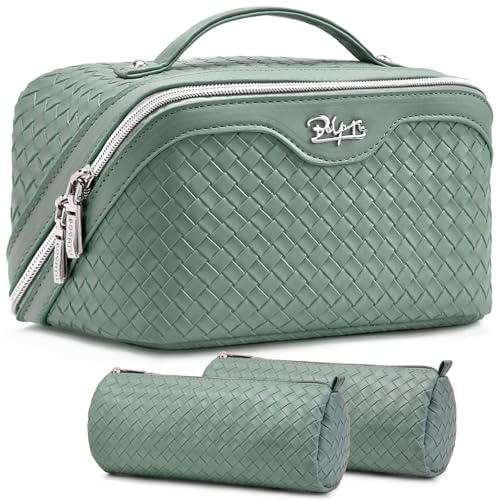BOYATU Travel Makeup Bag Cosmetic Bags for Women: Large Capacity 3 Pcs Set Make up Bag with Compartments - Waterproof Vegan Leather Toiletry Organizer Bags with Handle (L10 Grass Green) - color: L10 Grass Green