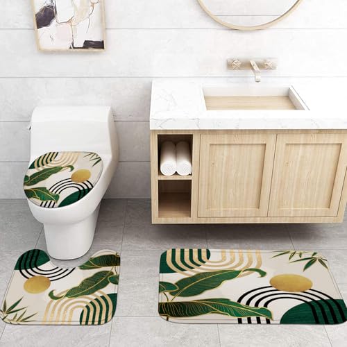 LQCOOL 4Pcs Green Shower Curtain Set, Boho Bathroom Sets,Shower Curtain with 12 Hooks, Bamboo Leaf Bathroom Sets with Shower Curtain and Rugs - color: Green Yellow