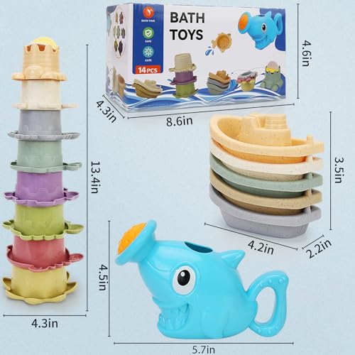Baby Bath Toys for Toddlers 1-3, 14 Pcs Bathtub Toys for for Kids Age 2-4,Mold Free Bath Boat with Stacking Cup & Watering Can , Water Table Toys for Infants Boys Girls Babies 6-12-18 Months - style: Marine Animals