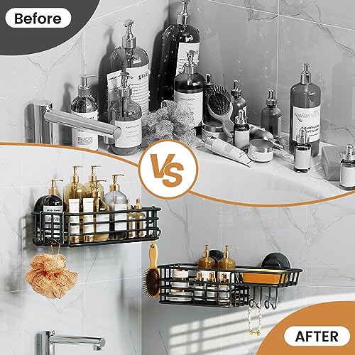 LEVERLOC Shower Caddy Suction Cup, 2 Pack suction shower shelf with Hooks & Soap holder, NO-Drilling Bathroom Holder, Rustproof bathroom organizer, Black - color: 2 X Black