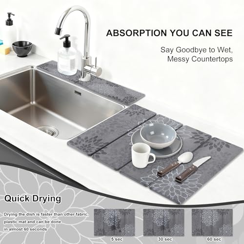3 PCS Large Stone Dish Drying Mat for Kitchen Counter, Quick Dry Stone Dishes Mats Cup Coasters, Sink Faucet Mat, Water Absorbing Diatomaceous Earth Drying Pad for Countertop Tableware, Bottles - color: Grey Floral