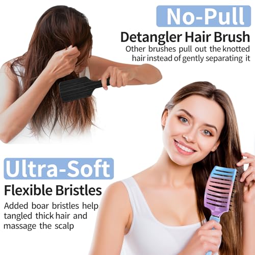 Boar Bristle Hair Brush Set of 2, HIPPIH Wet & Dry Hair Brushes Made by Fine Natural Boar Hair Can Adds Shine and Smoothing, Detangling Hairbrush for Women, Men & Kids' Long Curly Thick Hair - color: Mint Purple & Blue
