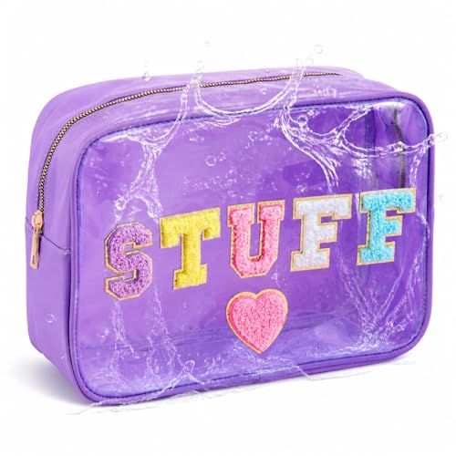 Clear Waterproof Stuff Makeup Bag, Large Capacity Travel Cosmetic Pouch | Transparent PVC Nylon Bag with Chenille Letters for Girls, Women, Beach & Travel - style: Large Size Stuff