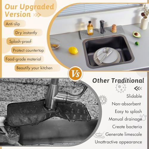 Diatomite Sink Faucet Splash Guard U Shape, 16" Large Stone Sink Tray, Mordern Faucet Handle Drip Catcher Stone, Durable Faucet Draining Mat Protector for Kitchen Bathroom Island Counter, Light Grey - size: 16" x 3.9"