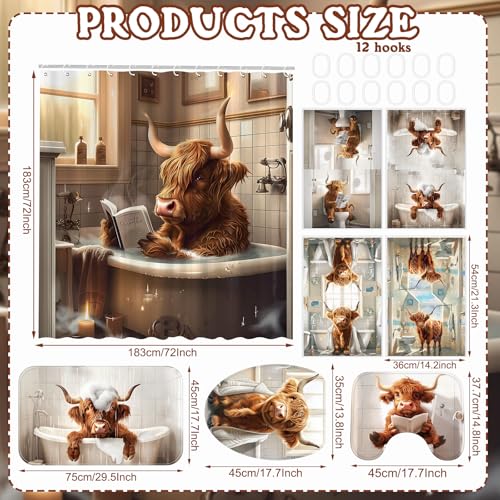 FuWeave 8 Pcs Highland Cattle Shower Curtain Sets for Bathroom Funny Highland Cattle Shower Curtain Sets with Rugs and Cow Towels, Include Non-Slip Rug, Toilet Lid Cover, Bath Mat and 12 Hooks - color: Highland Cattle