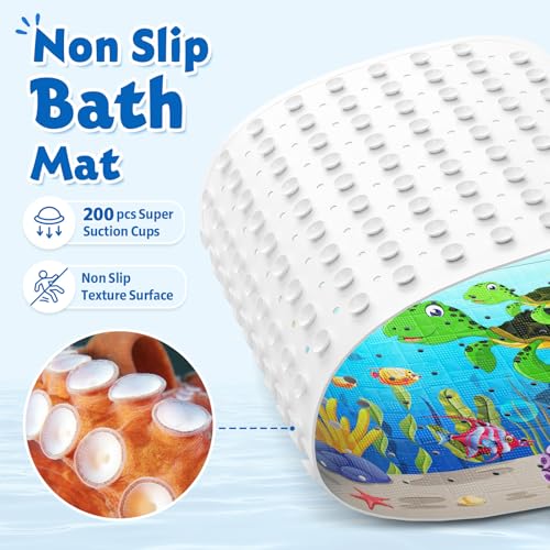 XIYUNTE Baby Bath Mat for Tub Non Slip, BPA Free Extra Long Bathtub Mat Non Slip 40x16 with Drain Holes and 200 Suction Cups, Non Toxic Machine Washable Bath tub mat, EU Certified, Sea Turtle - color: A-sea Turtle