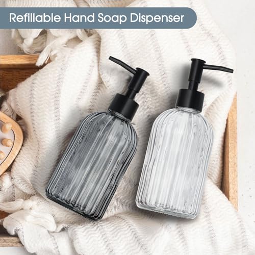 Topsky 2 Pack Glass Soap Dispenser with Black Plastic Pump, 400ml Liquid Hand Soap Dispenser, Rustproof Pump for Kitchen & Bathroom, Great for Lotions, Essential Oil, Liquid Soaps-Clear & Gray - color: Stripe-clear & Gray, size: Plastic Pump