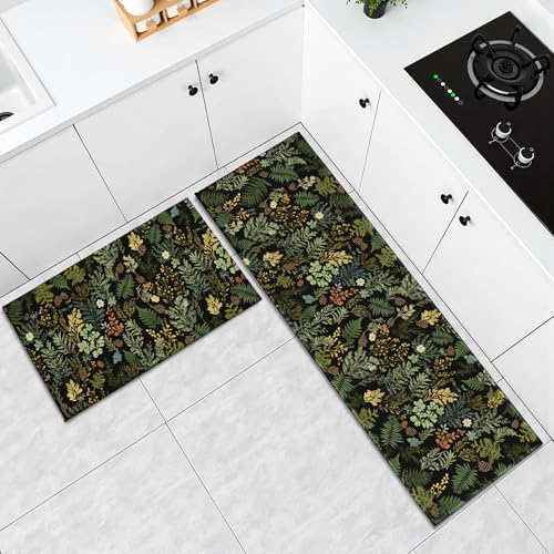Black Green Botanical Kitchen Mats for Floor 2 PCS Natural Fern Plant Kitchen Rug Set 17"x47"+17"x30", Vintage Leaf Dark Non Slip Washable Runner Rug Set for Sink Laundry Hallway Decor - color: Black Green Botanical