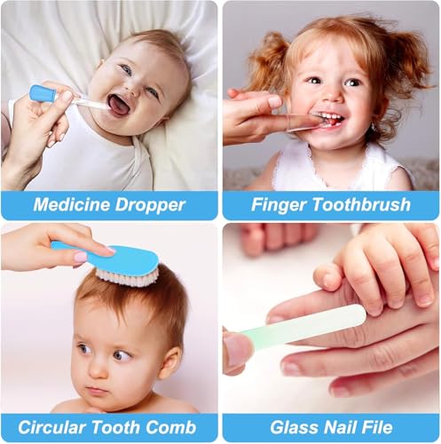 Baby Grooming Kit, Infant Safety Care Set with Hair Brush Comb Nail Clipper Nasal Aspirator,Baby Essentials Kit for Newborn Girls Boys (Blue) - style: Blue Kit+White Brush