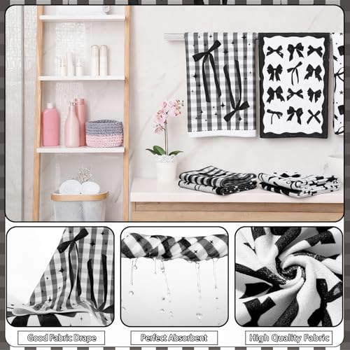 FuWeave 8 Pcs Black Shower Curtain Set Aesthetic Bow Knot Bathroom Decor Pretty Coquette Waterproof Shower Curtain Modern Minimalist Towels Non Slip Rug Toilet Lid Cover Bath Mat with 12 Hooks - color: Black Bow