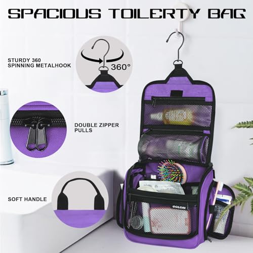 Goloni Hanging Toiletry Bag, 10 Compartments Water-Resistant Makeup Bag with 360° Spinning Metal Hook, Large Travel Cosmetic Organizer for Men & Women, Purple (7.05oz) - color: Purple