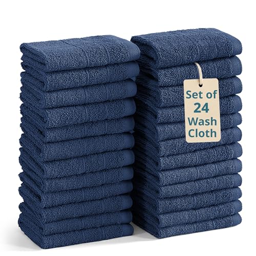Casa Platino Cotton Washcloths - Pack of 24, (13"x13") - Wash Cloth Set for Bathroom - Durable Reinforced Stitching, Quick Dry, Softer & Highly Absorbent - Wash Cloths for Your face - Navy Blue - color: 04: Navy, size: 24 Piece Wash Cloth