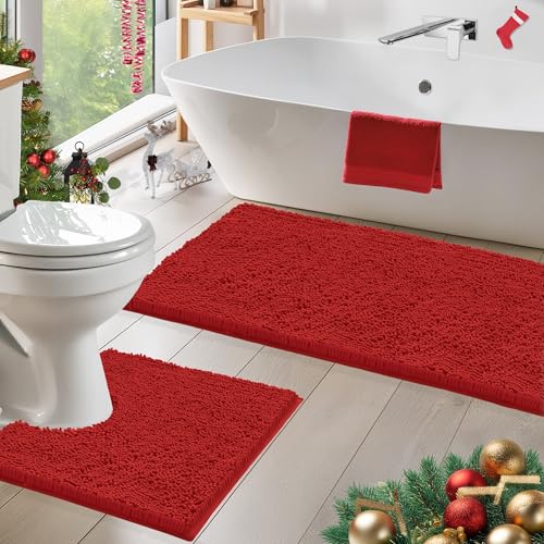 LuxUrux Red Bathroom Rug Set 2‑Piece, 27x47 Bath Mat + 20x20 Contour Toilet Rug, Festive Holiday Bathroom Decor, Non‑Slip Washable Absorbent Mats - color: Red, size: 2 Piece Set - X Large