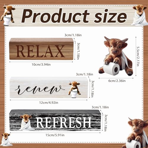 Cinnvoice 4 Pcs Highland Cow Bathroom Decor Farmhouse Bathroom Decoration Western Relax Renew Refresh Table Centerpiece Gift for Christmas Valentines Back to School - style: Relax Renew Refresh