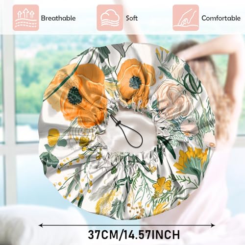 Luxury Shower Cap Satin Silk Lined Adjustable Elastic Reusable Waterproof Shower Bath Cap Cute for Women Girls-Orange Flower - color: AK6-Orange Flower