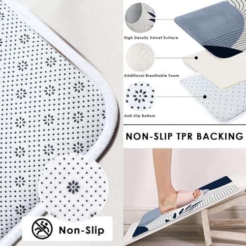 Boho Navy Blue and Grey Shower Curtain Set with Toilet Lid Cover and Non-Slip Rugs, Modern Minimalist Geometric Mid Century Abstract Leaf 4 Pcs Shower Curtain for Bathroom Set with 12 Hooks - color: Retro Blue