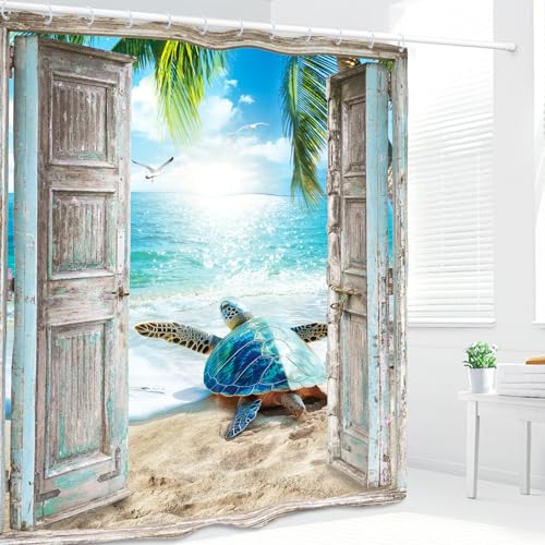 Turtle Ocean Sea Shower Curtain 60Wx72L Inch Beach Coastal Landscape Scene Barn Door Summer Bathroom Set Accessories Decor with 12 Pack Hooks - color: Teal Turtle, size: 60"W x 72"L (Pack of 1)